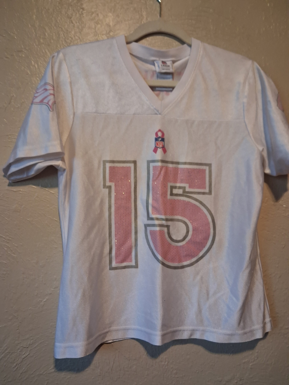 Women's White Tebow Jersey Top with Pink Number 15